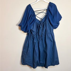 Navy Blue Puff Sleeve Dress With Back Detail